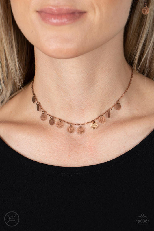 On My CHIME - Copper Mandala-Like Copper Swinging Copper Disc Paparazzi Choker Necklace & matching earrings