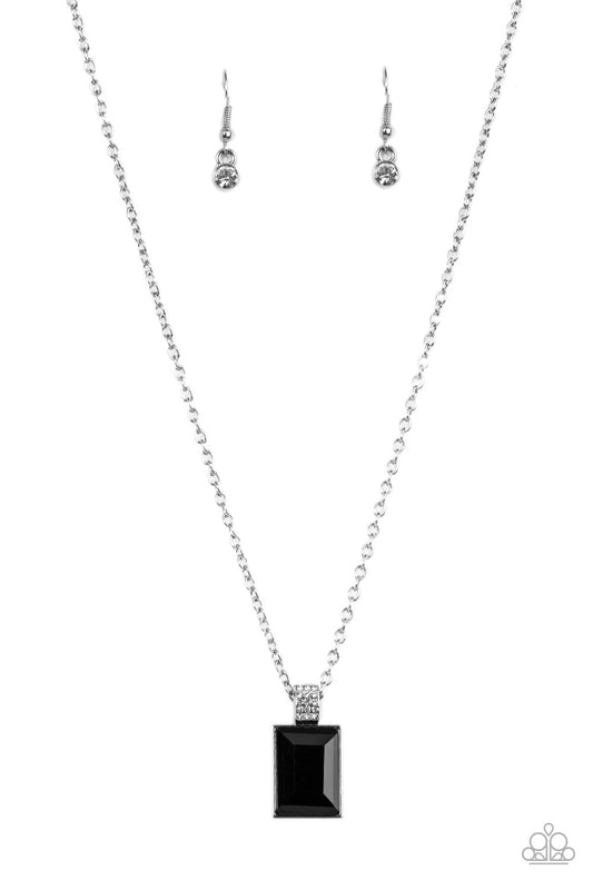 Understated Dazzle - Black Oversized Emerald Cut Rhinestone Pendant Paparazzi Necklace & matching earrings