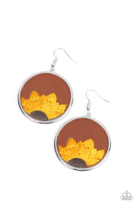 Sun-Kissed Sunflowers - Brown Leather & Yellow/Brown Stitched Sunflower Paparazzi Earrings