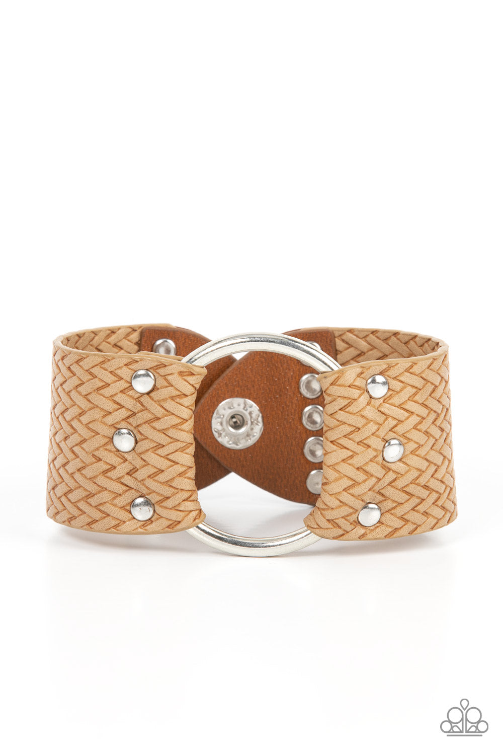 Aspiring Adventurist - Brown Textured Leather & Oversized Silver Ring Paparazzi Snap Bracelet