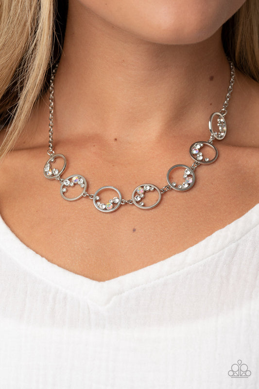 Blissfully Bubbly - White Iridescent Rhinestone/Dainty Silver Rings Paparazzi Necklace & matching earrings