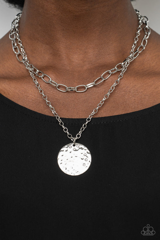 Highlight of My Life - White Rhinestone Dotted Oversized Hammers Disc Pendant Paparazzi Necklace & matching earrings