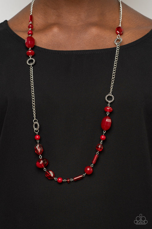 Craveable Color - Red Glassy & Faceted Beads/Textured Silver Rings Paparazzi Necklace & matching earrings