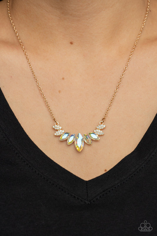 One Empire at a Time - Gold Frame, Iridescent & White Rhinestone Paparazzi Necklace & matching earrings