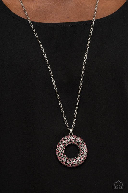 Wintry Wreath - Pink Rhinestone & Silver Filigree Accent Pendant Paparazzi Necklace & matching earrings