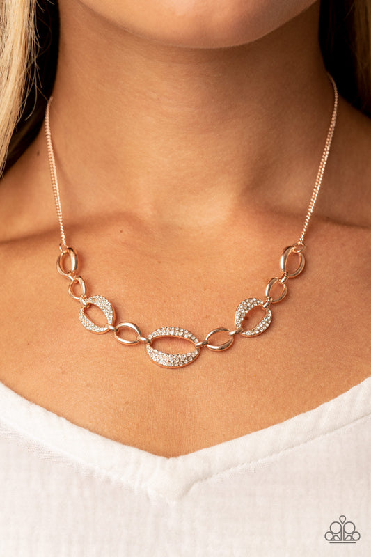 The Only Game in Town - Rose Gold Ovals/White Rhinestone Paparazzi Necklace & matching earrings
