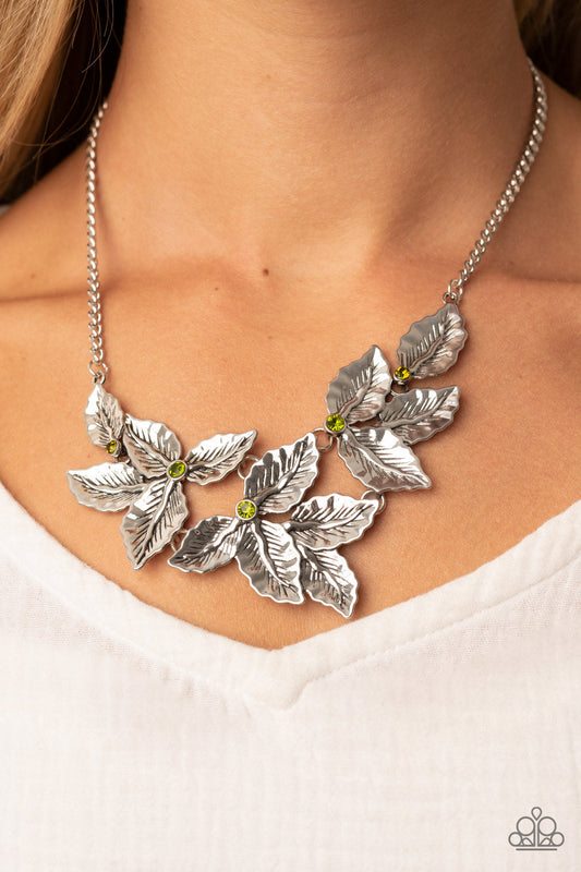 Holly Heiress - Green Dainty Rhinestones/Silver Holly-Like Leaves Paparazzi Necklace & matching earrings