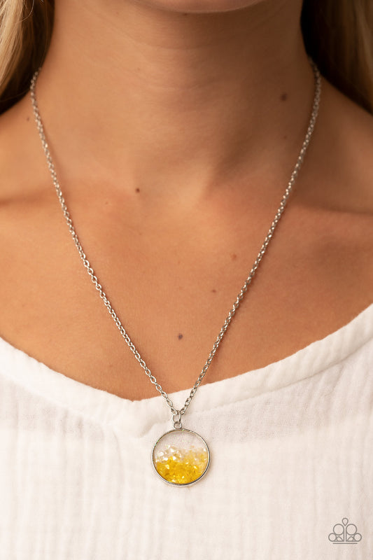 Completely Crushed - Yellow & White Iridescent Shell-Like Accent Pendant Paparazzi Necklace & matching earrings