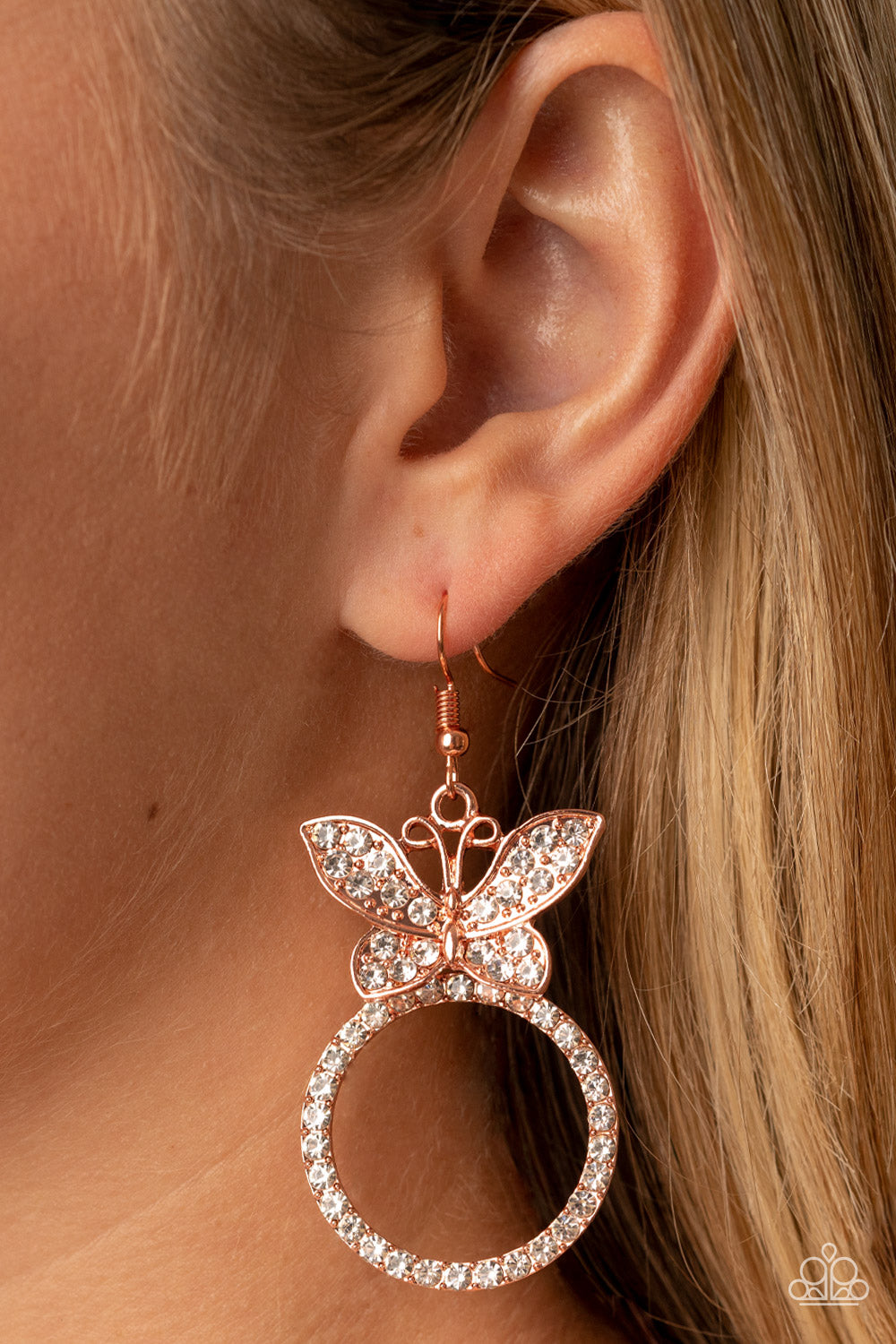 Paradise Found - Copper Butterfly Frame & White Rhinestone Paparazzi Earrings