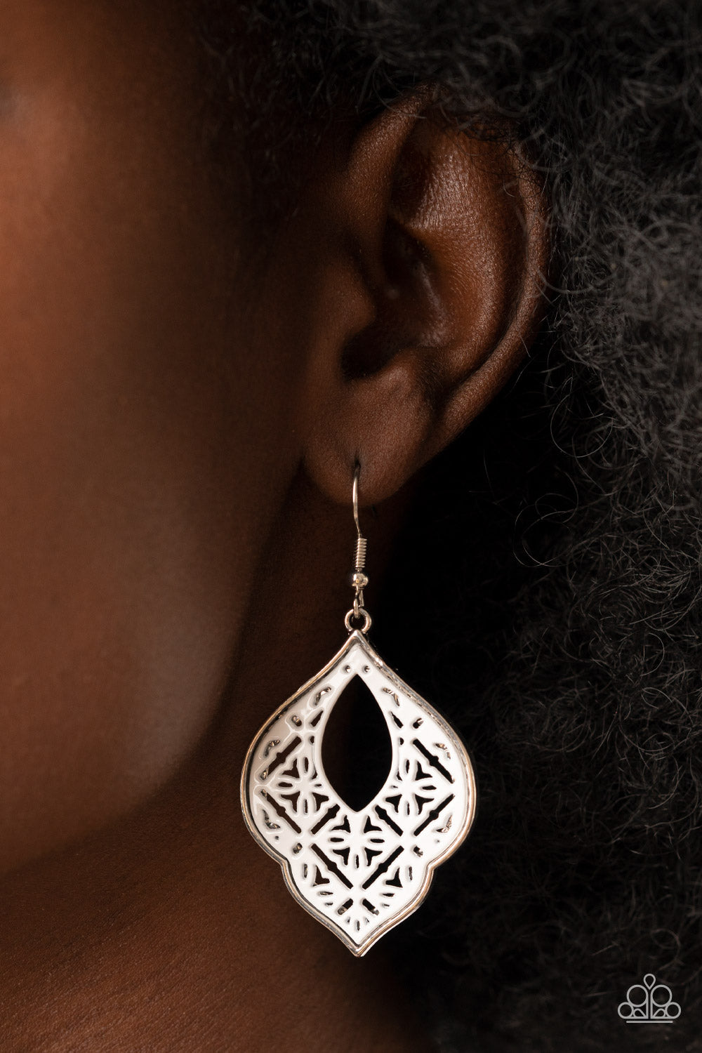 Thessaly Terrace - White Floral-Like Pattern Paparazzi Earrings