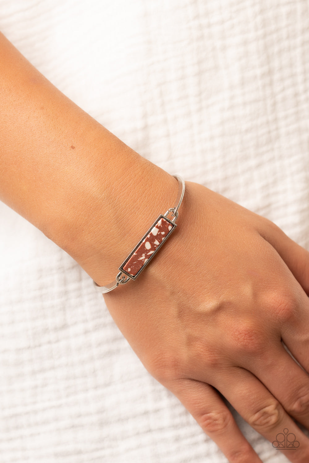 Terrazzo Tarot - Brown Terrazzo-Like Stone & Silver Frame Paparazzi Hinge Bracelet