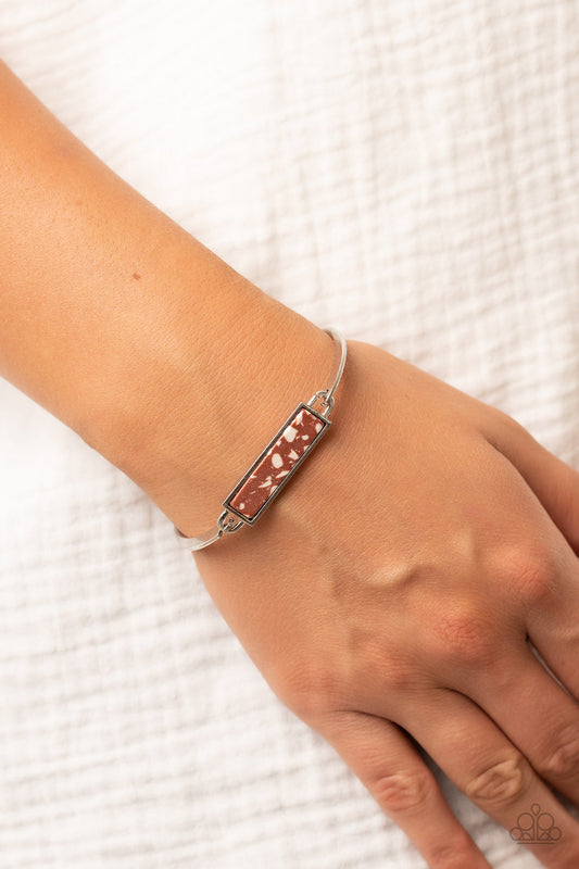 Terrazzo Tarot - Brown Terrazzo-Like Stone & Silver Frame Paparazzi Hinge Bracelet