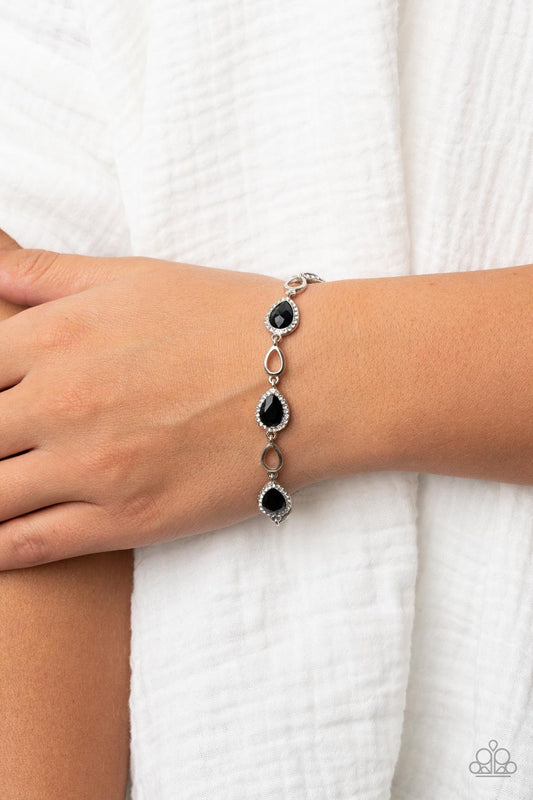 Timelessly Teary - Black Teardrop Gems, White Rhinestone, & Airy Silver Teardrop Frame Paparazzi Adjustable Bracelet