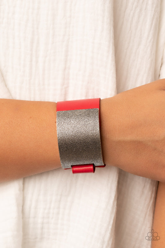 Studded Synchronism - Red Leather & Curved Tin Finish Silver Panel Paparazzi Snap Bracelet
