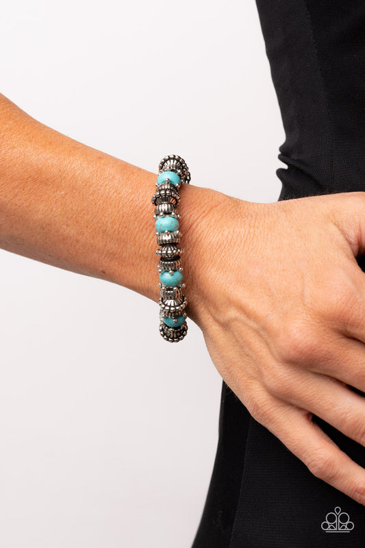 Canyon Crusher - Blue/Turquoise Stones, Silver Stars, & Textured Accent Paparazzi Stretch Bracelet