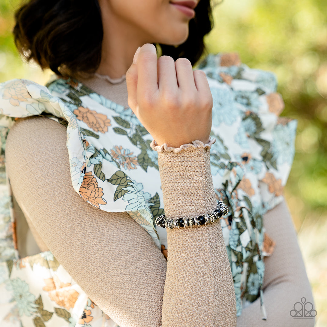 Canyon Crusher - Black Round Stone Beads, Studded Silver Stars, & Silver Accent Paparazzi Stretch Bracelet