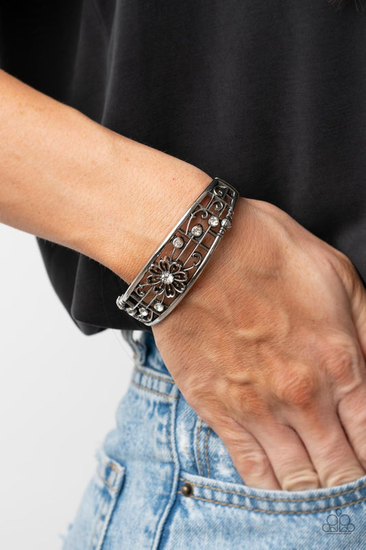 Prairie Musical - White Rhinestone & Airy Floral Paparazzi Hinge Bracelet