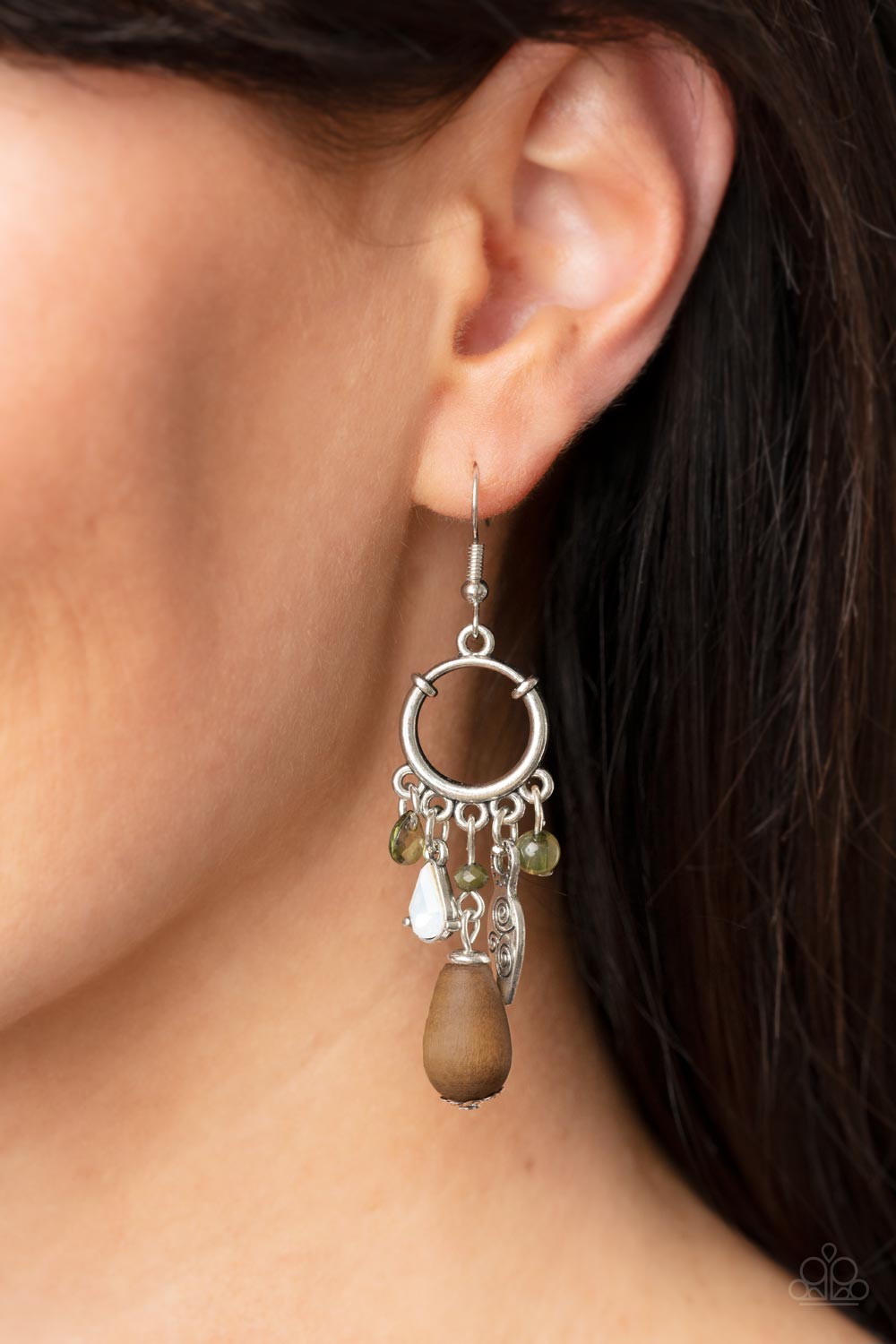 Bountiful Blessings - Green & Opal Crystal-Like Accents, Wooden Teardrop, & Mismatched Silver Accent Paparazzi Earrings