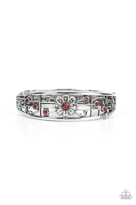 Prairie Musical - Red Rhinestone & Silver Floral Paparazzi Hinge Bracelet