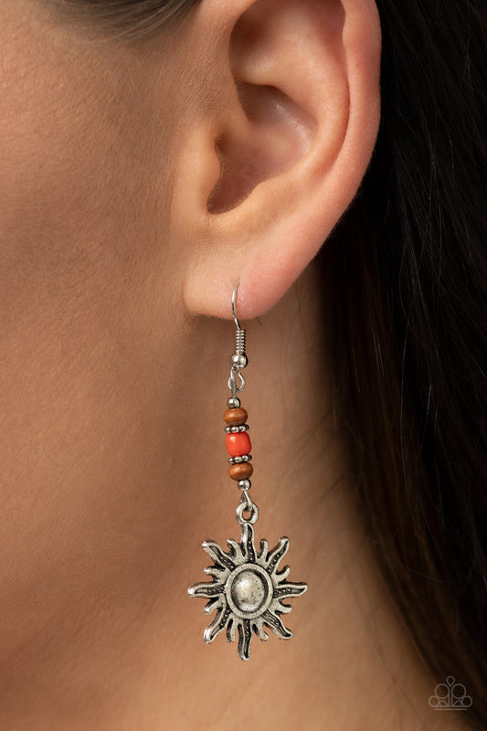 Sunshiny Days - Orange Accent, Wooden Beads, & Rustic. Silver Charm Paparazzi Earrings