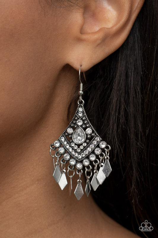 Indie Iridescence - White Rhinestone/Silver Fringe Paparazzi Earrings