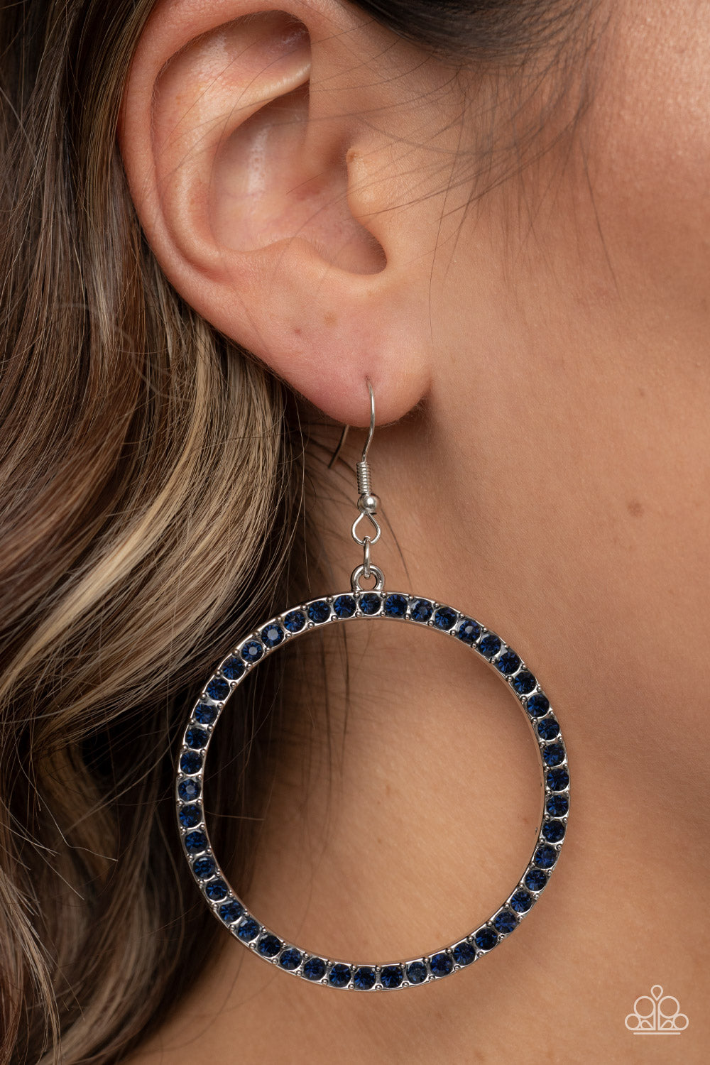 Head-Turning Halo - Blue Rhinestone Encrusted Oversized Loop Paparazzi Earrings