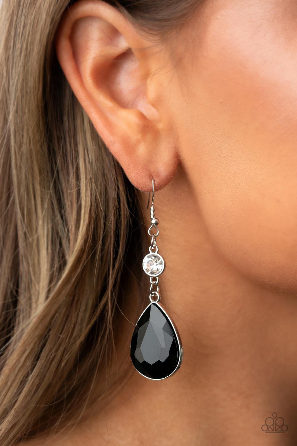Smile for the Camera - Black Oversized Teardrop Gem & White Rhinestone Paparazzi Earrings