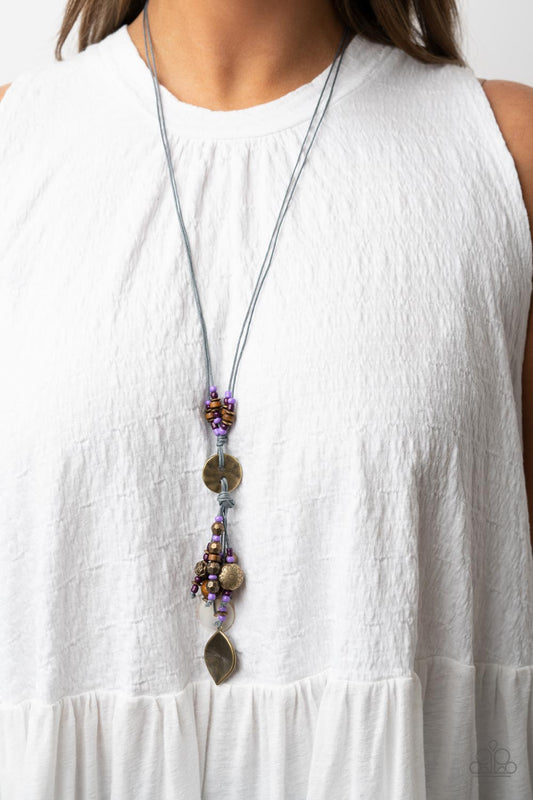 Knotted Keepsake - Purple Seed Beads/Brass Discs/Wooden Accent Pendant Paparazzi Necklace & matching earrings