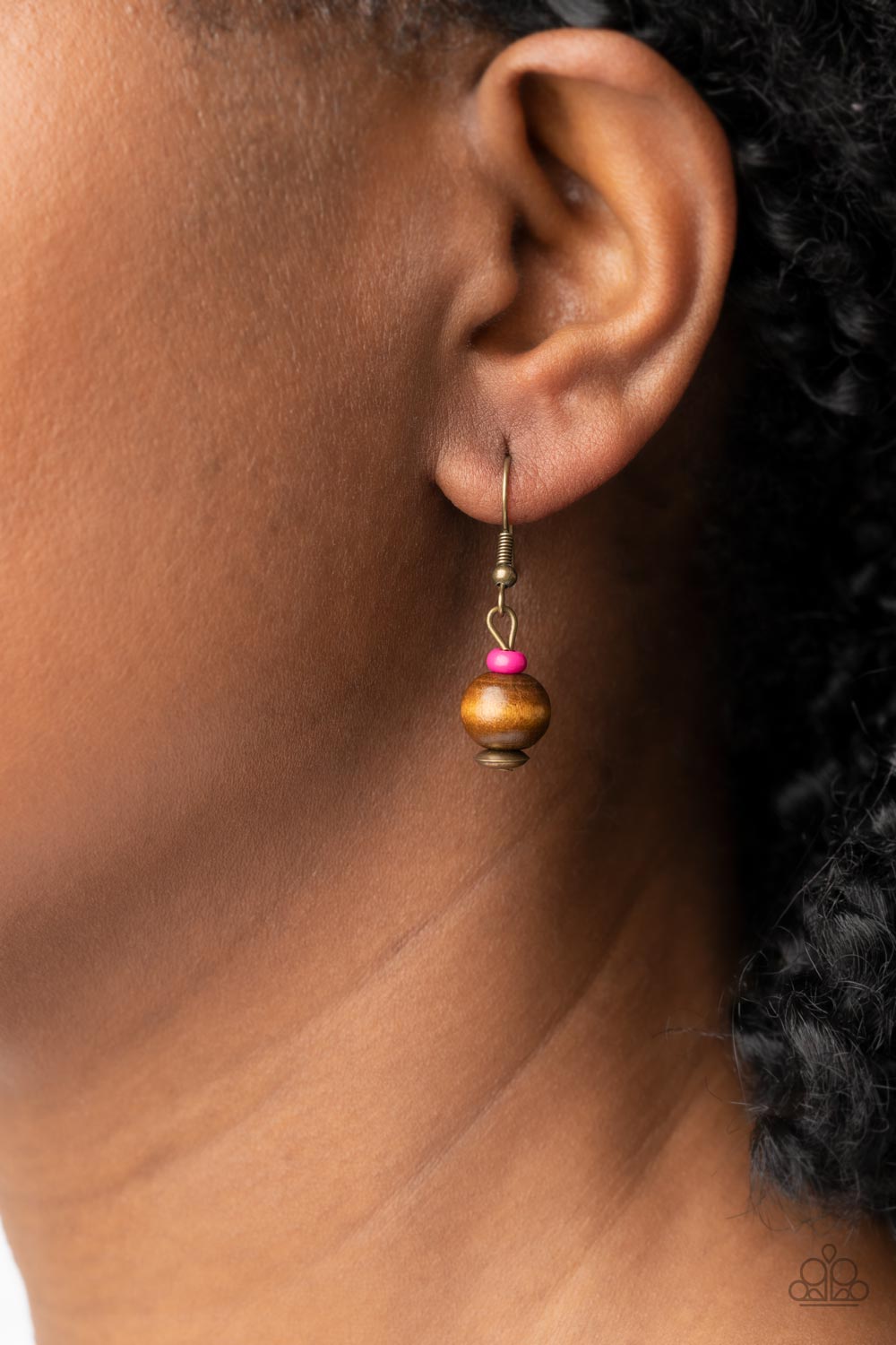 Knotted Keepsake - Pink Seed Beads, Rustic Brass Discs, Wooden Accent Pendant Paparazzi Necklace & matching earrings