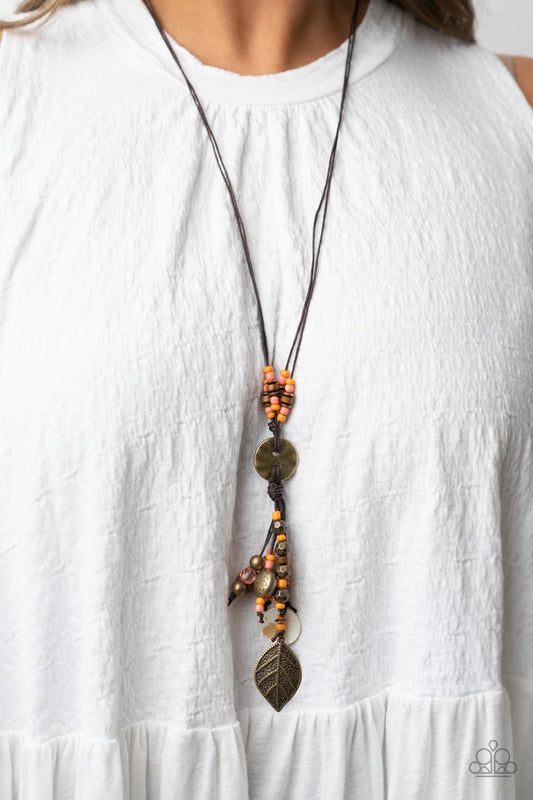 Knotted Keepsake - Orange & Coral Seed Beads/Rustic Brass Discs, Wooden Accent Pendant Paparazzi Necklace & matching earrings