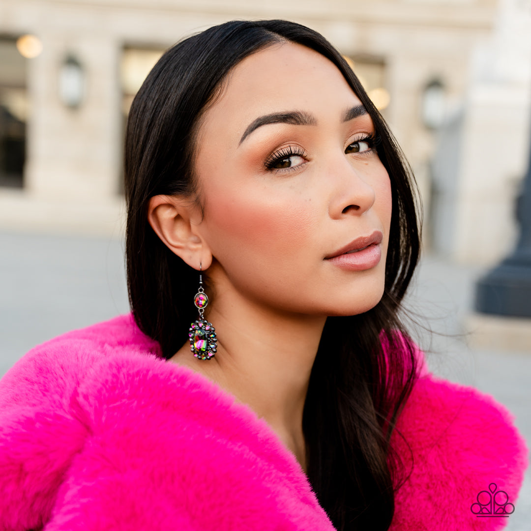 Capriciously Cosmopolitan - Multi Oil Spill Gems & Hematite Rhinestone Paparazzi Earrings