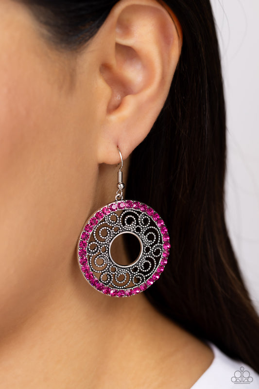 Whirly Whirlpool - Pink Rhinestones/Whirly Silver Filigree Paparazzi Earrings