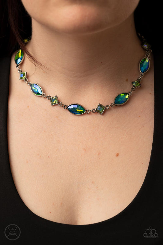 Prismatic Reinforcements - Green Iridescent Marquise and Square Cut Rhinestone Paparazzi Necklace & matching earrings