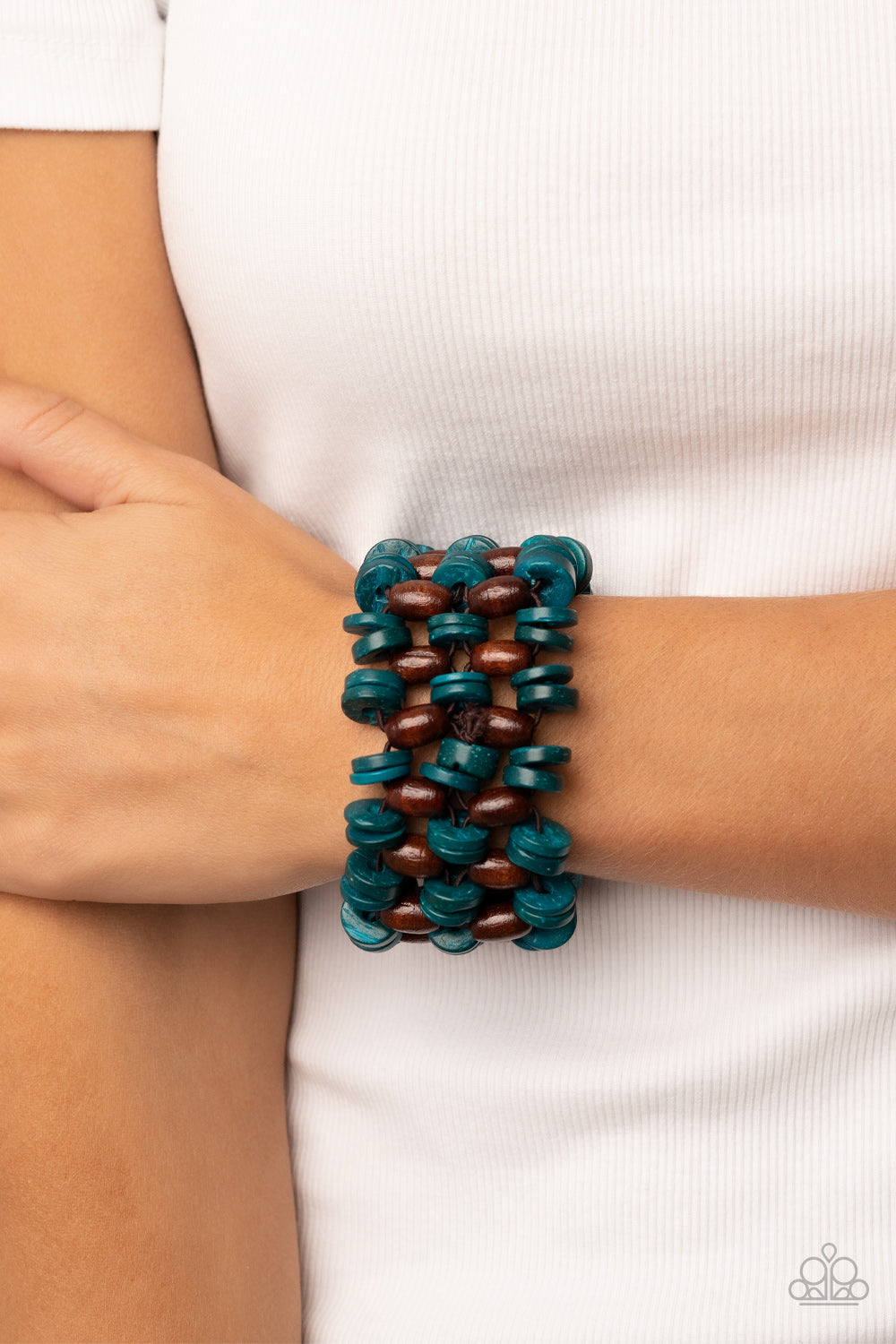 Galapagos Go-Getter - Blue & Brown Wooden Disc Paparazzi Stretch Bracelet