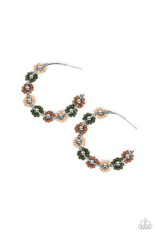 Growth Spurt - Green, Brown, & Taupe Seed Bead Flower Paparazzi Earrings