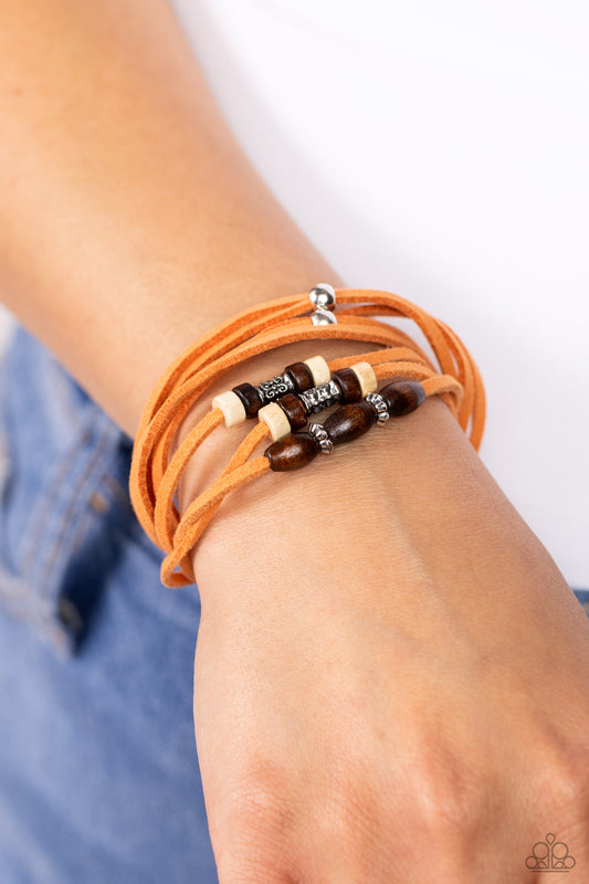 Have a WANDER-ful Day - Orange Suede/Silver Beads/Wooden Beaded Paparazzi Urban Bracelet