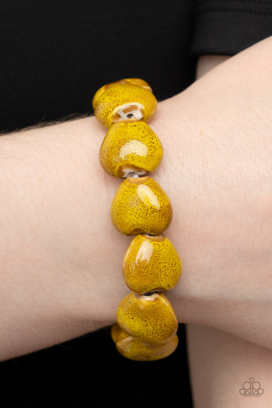 GLAZE a Trail - Yellow Ceramic-Like Heart Beaded Paparazzi Stretch Bracelet