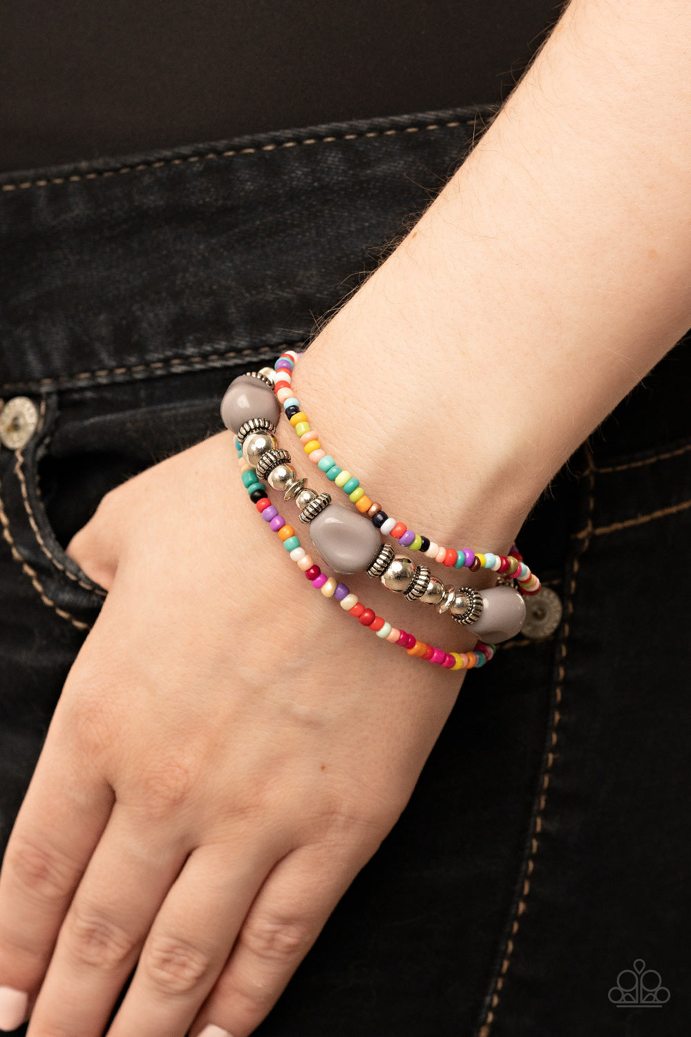 Confidently Crafty - Silver, Multi Colored Seed, & Gray Beaded Set of 3 Paparazzi Stretch Bracelets