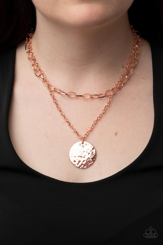 Highlight of My Life - Copper/White Rhinestone Oversized Hammered Disc Paparazzi Necklace & matching earrings