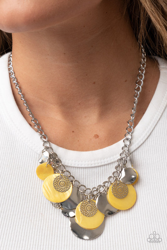 Oceanic Opera - Yellow Shell-Like Discs, Silver Discs, & Silver Mandala-Like Accent Paparazzi Necklace