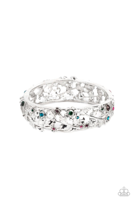 Ripe for the Picking - Multi Rhinestone Centers & Silver Floral Vines Paparazzi Hinge Bracelet