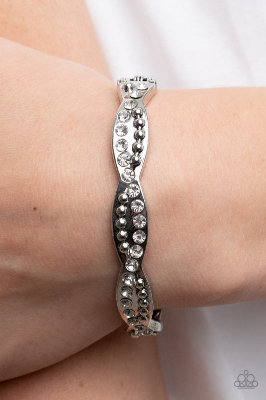 Empire Envy - White Rhinestones & Silver Studs Paparazzi Hinge Bracelet