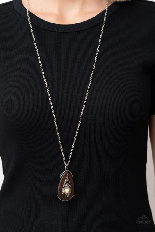 Personal FOWL - Yellow Stone, Silver Feather, Oversized Wooden Pendant Paparazzi Necklace & matching earrings
