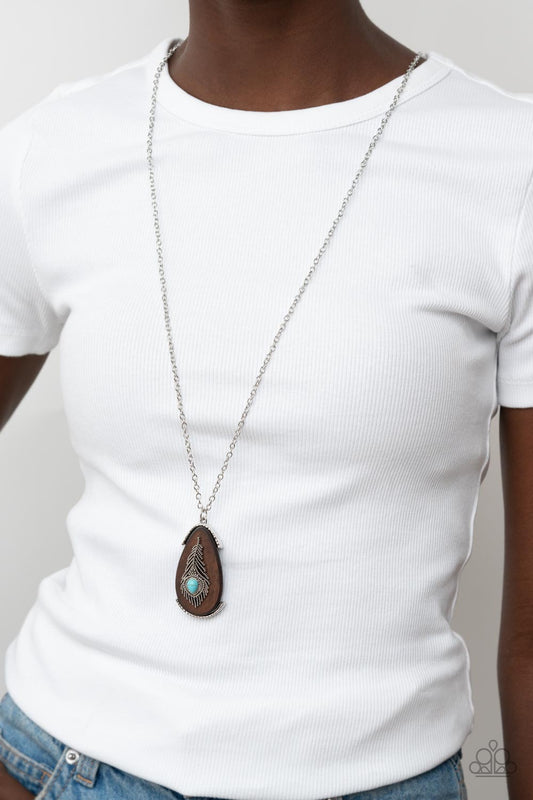 Personal FOWL - Blue/Turquoise Stone, Silver Feather, Oversized Wooden Pendant Paparazzi Necklace & matching earrings