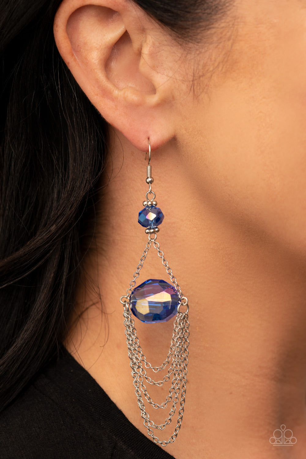 Ethereally Extravagant - Blue Oversized Iridescent Gem & Silver Chain Paparazzi Chandelier Earrings
