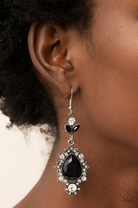 SELFIE-Esteem - Black Oversized Teardrop Bead, White Rhinestone, & Silver Leafy Frame Paparazzi Earrings