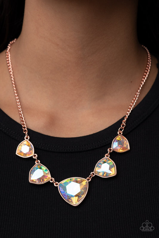 Cosmic Constellations - Copper Frames & Oversized Iridescent Geometric Gem Paparazzi Necklace & matching earrings