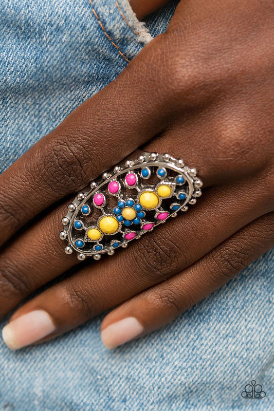 Sonoran Solstice - Blue, Yellow, & Pink Beaded Floral Pattern Paparazzi Ring