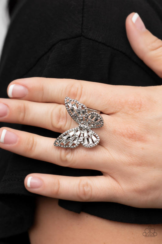 Bright-Eyed Butterfly - White Emerald Cut Rhinestone Butterfly Paparazzi Ring