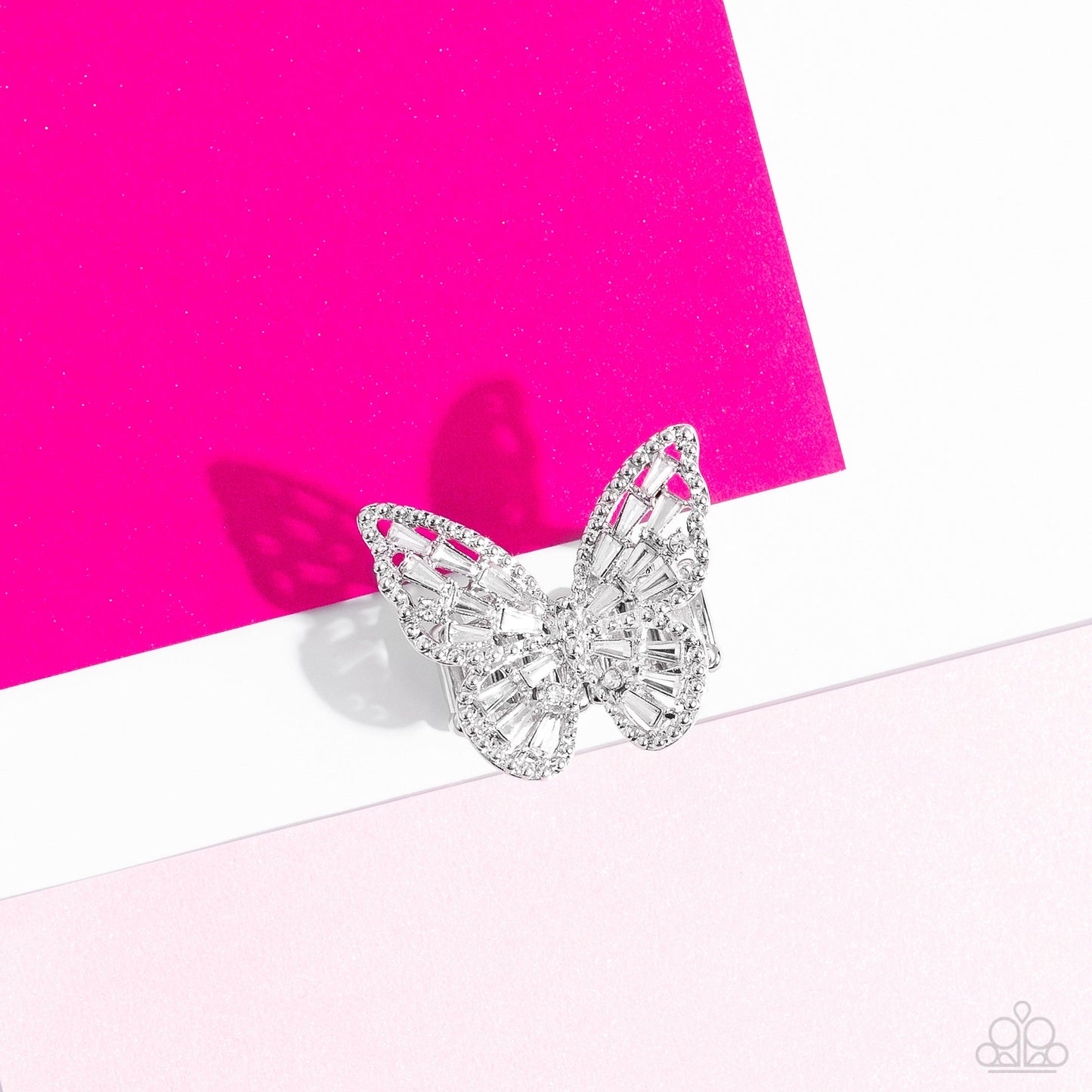 Bright-Eyed Butterfly - White Emerald Cut Rhinestone Butterfly Paparazzi Ring
